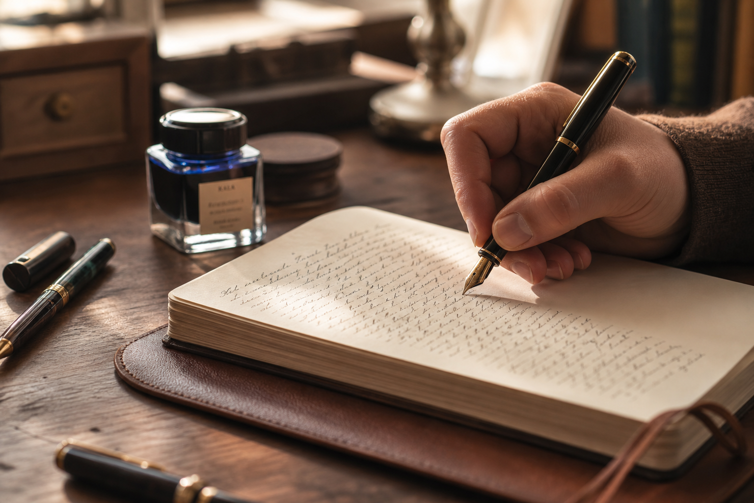 A beautifully lit close-up scene of a person's hand holding an elegant fountain pen, pressing it gently against a thick, cream-colored notebook page filled with flowing cursive handwriting. Warm, soft natural light falls across the desk, casting gentle shadows over an open leather-bound journal, a small glass ink bottle with deep blue ink, and a few additional fine pens resting nearby. The atmosphere is calm, contemplative, and unhurried — evoking deliberate thought and quiet ritual. The background is softly blurred, suggesting a tidy wooden writing desk. Editorial lifestyle photography style with warm tones, shallow depth of field, and a sense of timeless, intentional simplicity.
