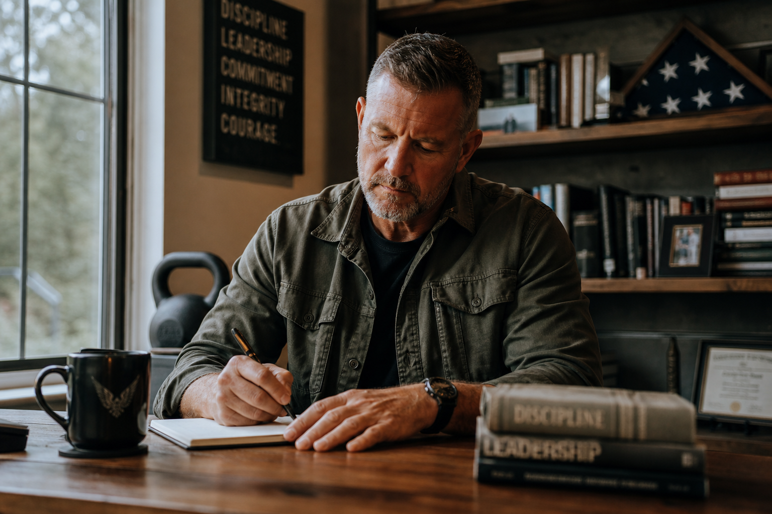 A rugged, determined man in his late 40s to early 50s sits at a well-organized wooden desk near a window with natural light streaming in, writing thoughtfully in a journal. The setting blends military discipline with civilian warmth — a bookshelf filled with worn books, a folded American flag displayed on a shelf, a simple fitness item like a kettlebell in the corner, and a cup of coffee nearby. The atmosphere conveys purpose, reflection, and quiet strength. The man's posture is upright but relaxed, suggesting a life of leadership transitioning into intentional civilian living. Editorial lifestyle photography style, warm and grounded color tones, shallow depth of field, cinematic and authentic mood.