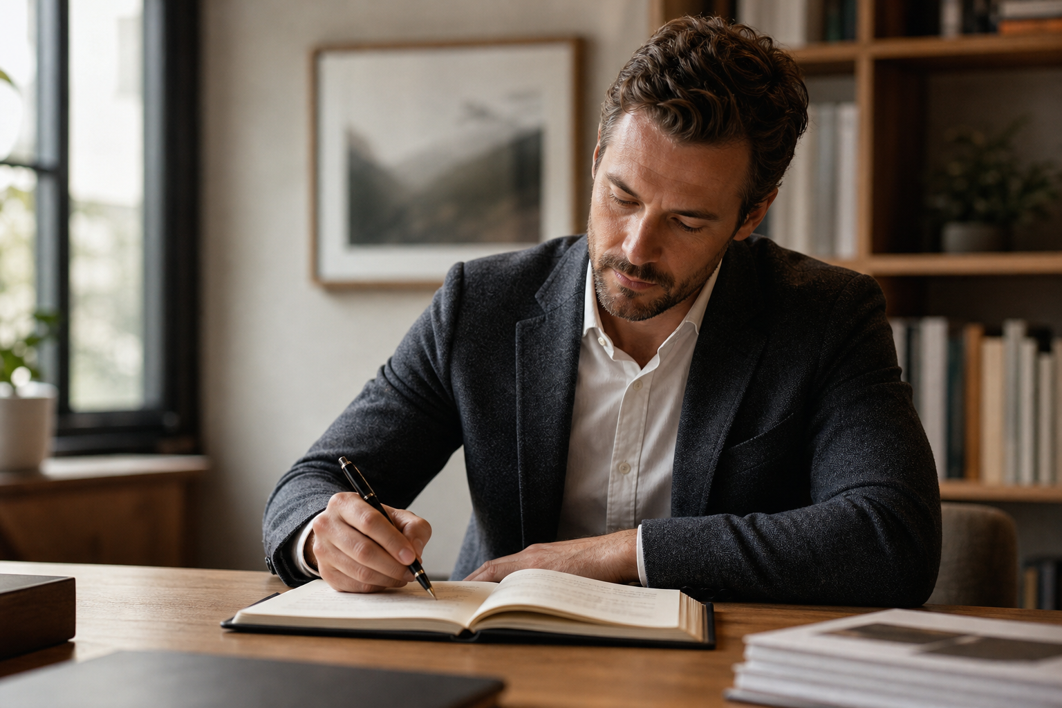 A focused professional man seated at a clean, well-organized wooden desk, writing thoughtfully in an open notebook with an elegant fountain pen. The setting is a calm, modern home office or study with warm, natural light streaming in from a nearby window. The man appears composed and purposeful, dressed in smart casual attire, slightly leaning forward in concentration. The desk surface is tidy with minimal items — just the notebook, the fine writing instrument, and perhaps a few neatly stacked papers. The background is softly blurred, suggesting a quiet, productive environment. The overall mood is one of clarity, intentionality, and calm productivity. Editorial photography style with warm neutral tones and a shallow depth of field.