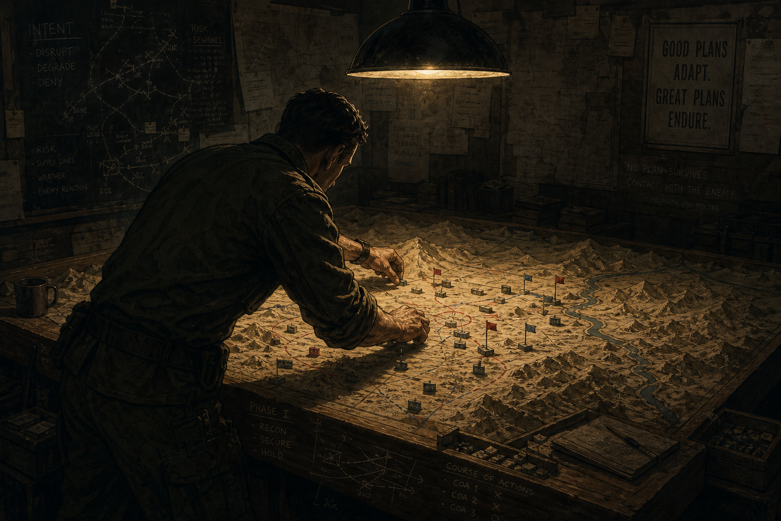 A lone figure stands at a large sand table in a dimly lit military planning room, leaning over a detailed topographic model with miniature markers and flags scattered across it. The figure's hands are mid-gesture, actively moving pieces on the table rather than standing still. Around the table, faint chalk marks and erased lines suggest many plans considered and discarded. A single overhead lamp casts a focused pool of warm light onto the table, while the surrounding room fades into shadow. The atmosphere conveys deliberate, methodical thinking in motion — not paralysis, but purposeful, iterative action. The mood is disciplined yet exploratory, grounded and contemplative. Rendered in a cinematic, editorial illustration style with muted earth tones, deep shadows, and textured linework.