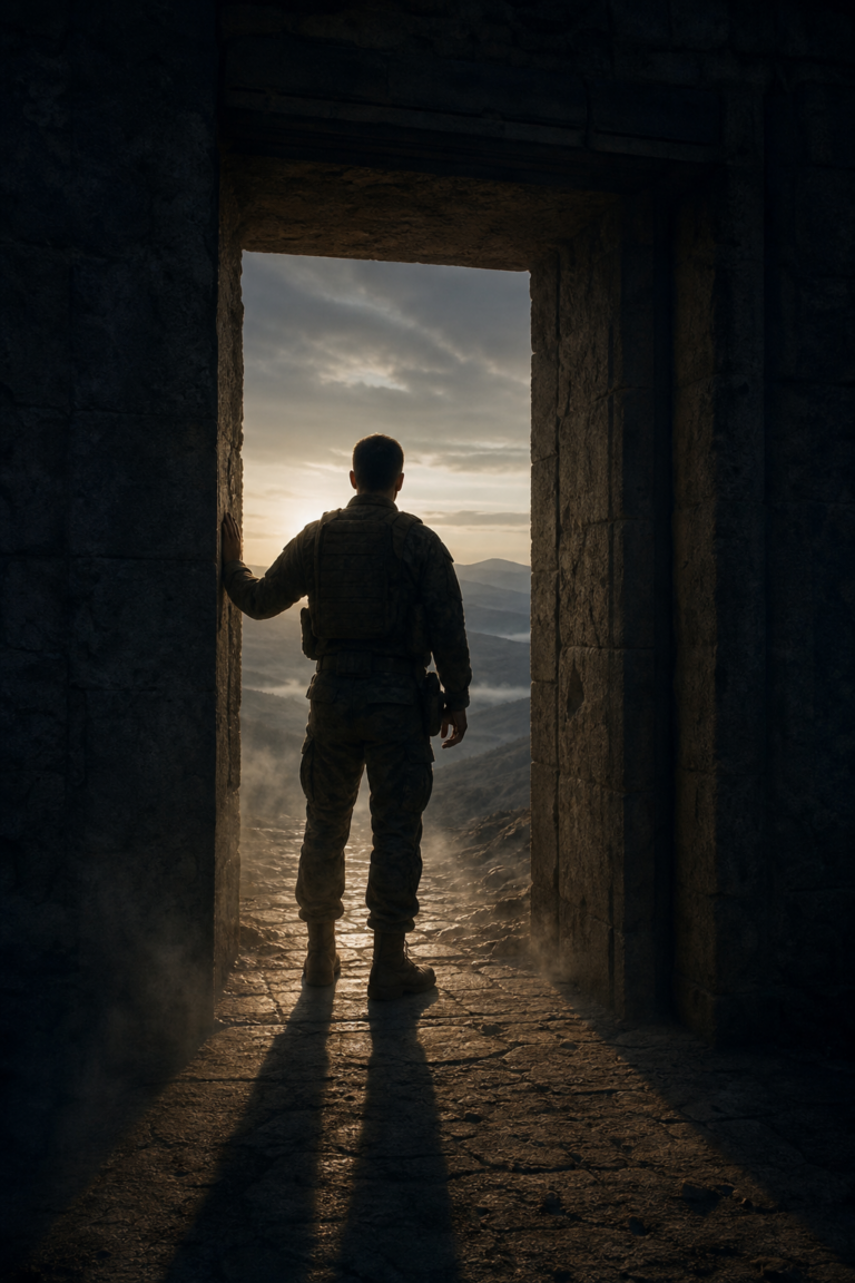A lone soldier in combat fatigues stands at the threshold of a dark, foreboding doorway set into a stone wall, illuminated by a shaft of pale dawn light from behind. The soldier faces the darkness ahead with a steady, resolute posture, shoulders squared, chin level, one hand resting near the doorframe. The atmosphere is tense but calm, conveying inner strength rather than aggression. Mist curls around the soldier's boots. Behind the soldier, the landscape opens into a vast, dimly lit terrain with rolling hills fading into early morning sky. The color palette is desaturated with cool blues and grays, punctuated by warm golden light emanating from behind the figure, casting a long shadow forward into the unknown. The mood is introspective, powerful, and quietly courageous. Cinematic, photorealistic style with dramatic chiaroscuro lighting.