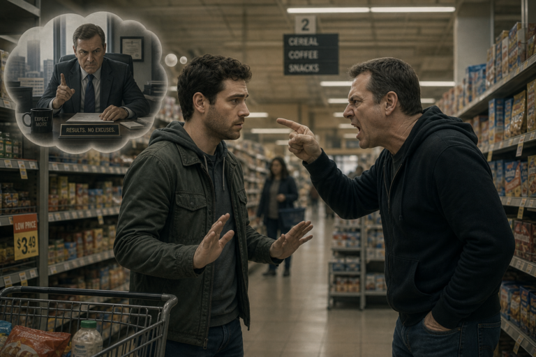 A person standing in a brightly lit supermarket aisle, facing a visibly agitated and rude individual gesturing aggressively, while the protagonist stands calm but tense, arms slightly raised in a composed, non-confrontational posture. The scene captures the internal conflict and anxiety of social confrontation — the protagonist's expression showing a mixture of apprehension and restrained resolve. Soft overhead fluorescent lighting, realistic grocery store environment with shelves of products in the background. A secondary visual element subtly shows a thought bubble or blurred mental imagery of a stern boss at a desk, hinting at workplace conflict. Editorial illustration style, muted and slightly desaturated color palette with warm highlights, conveying psychological tension and the complexity of human social dynamics.