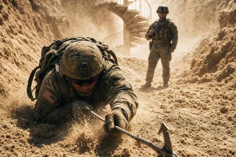 A US Army Combat Engineer in full military gear lies prone in a sandy training pit, arm extended forward pulling a grappling hook rope hand-over-hand with head down and helmet facing forward, desert sand kicking up around him. The scene is gritty and intense, lit by harsh midday sunlight casting strong shadows across the sand. In the background, slightly out of focus, a second soldier stands observing and instructing. The overall composition suggests a cycle of learning, doing, and teaching, with a spiral staircase subtly rendered in dust and light in the upper background. Editorial photography style, high contrast, cinematic and documentary in tone.