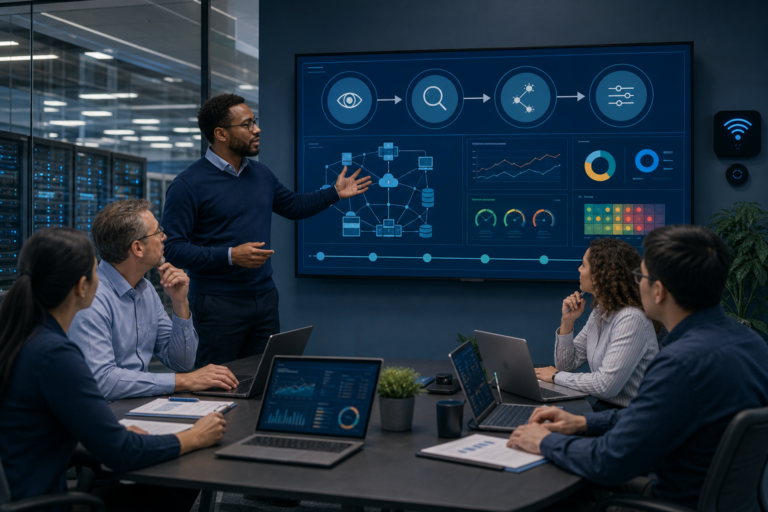 Create a polished editorial-style scene of a system administrator presenting a disciplined IT change-management plan to a diverse team in a modern operations meeting room. The presenter stands beside a large display showing a clean, abstract four-stage workflow represented by elegant icons and connected diagrams—observation, measurement, prediction, and control—alongside a network architecture visualization, testing metrics, risk indicators, and a simple rollout timeline, with no readable text, logos, or branding. Team members collaborate around a table with laptops, reviewing charts and calmly discussing user impact, downtime reduction, security, and system stability. Include subtle visual cues of an enterprise network and WiFi infrastructure in the background, emphasizing careful planning, objective analysis, feedback, teamwork, and predictable improvement rather than crisis. Professional corporate atmosphere, focused expressions, balanced composition, realistic lighting, sophisticated blue and teal technology palette with warm accents, high-detail photography, strategic and reassuring tone.