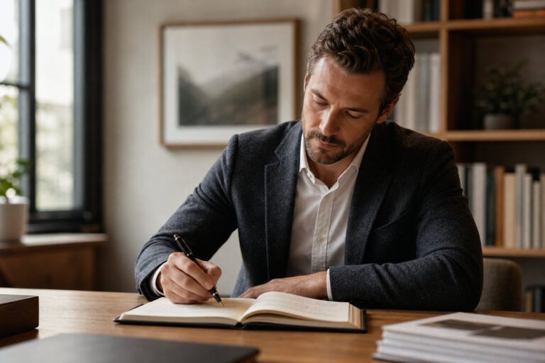 A man in a gray blazer writes in an open notebook with a fountain pen at a tidy wooden desk in a bright home office.