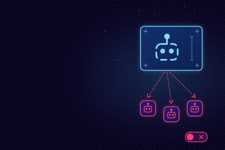 A blueprint card with a dashed robot outline, three pink arrows pointing to three robot agents, and a toggle switch turned off