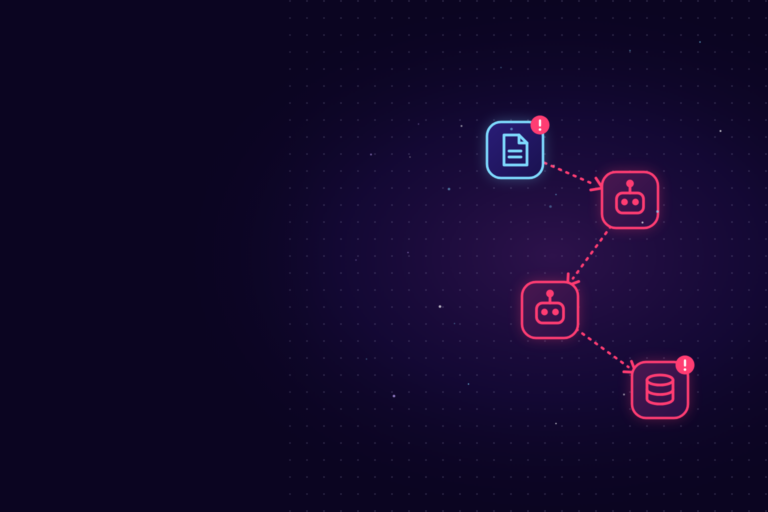 A document with a warning badge linked by pink dashed arrows to two robot agents and then a database