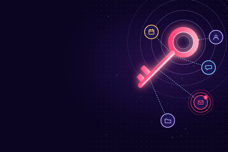 Illustration of a glowing pink key linked by dotted lines to app icons for a calendar, a person, chat, mail with a warning badge, and files