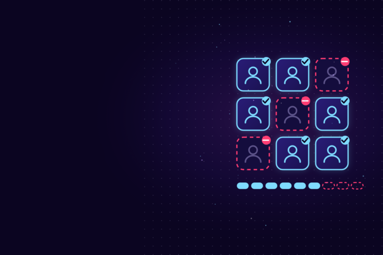 A grid of nine user icons, six marked active in cyan and three idle with dashed pink outlines