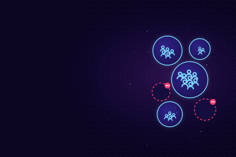 Cyan circles filled with people icons, and two empty circles with dashed pink outlines