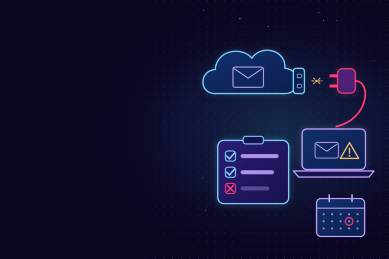 Illustration: a plug pulled out of a cloud's socket, its cable running to a laptop that shows a mail icon and a warning sign, beside an allow list with two items ticked and one crossed out, and a calendar with one day circled.