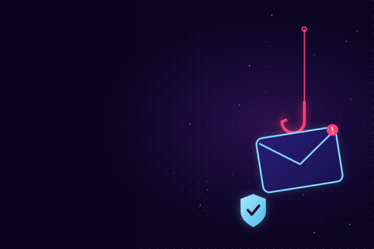 An envelope with a warning badge hanging from a pink fishing hook, next to a shield with a checkmark