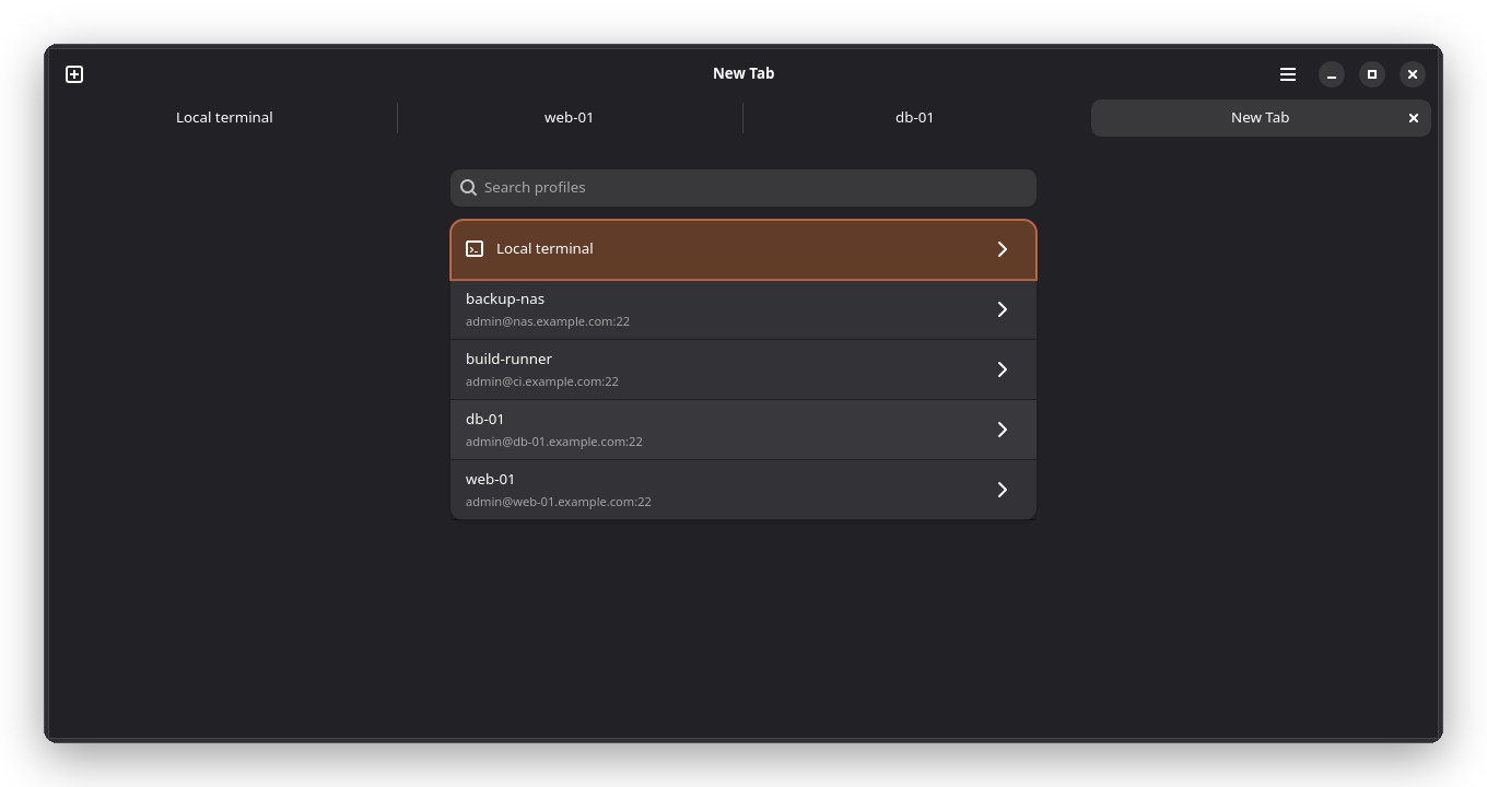 Moniker's new-tab list: a search box, Local terminal, and four saved SSH connection profiles, each showing its user, host and port