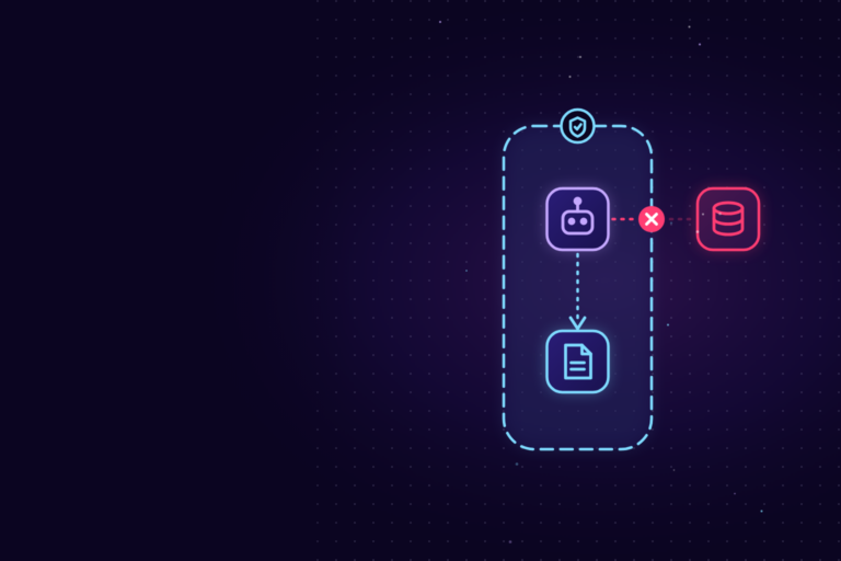 An AI agent inside a dashed boundary can reach a document, but its connection to a database outside the boundary is blocked