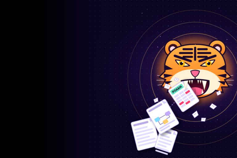 Illustration of a roaring tiger head with bared fangs devouring a stack of documentation, including a POA&M spreadsheet and an architecture diagram, with torn paper scraps flying around it