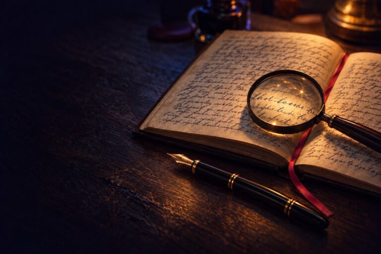 A magnifying glass resting on an open handwritten journal, with a gold-nibbed fountain pen and a red ribbon bookmark on a dark desk.