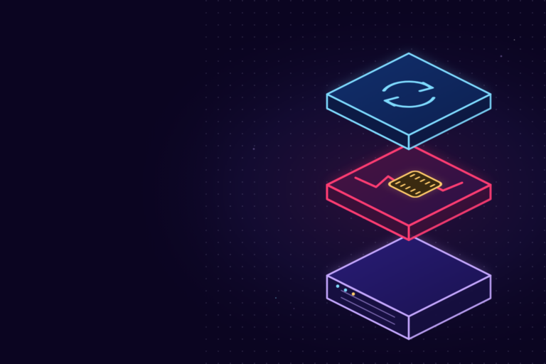Illustration of three stacked layers: a blue top layer with refresh arrows that updates itself, a pink middle layer with a crack covered by a patch, and a server layer at the bottom.