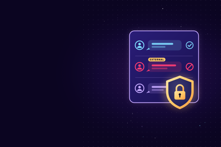 Illustration of a chat window with three contacts: two trusted contacts with check marks, and one tagged External that is blocked, with a shield and padlock in front