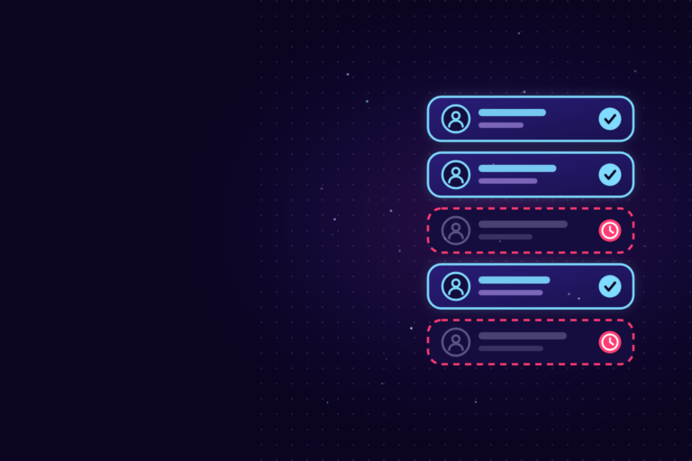 A list of five user rows: three active with cyan checkmarks and two idle with dashed pink outlines and clocks